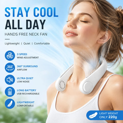 Experience Ultimate Comfort with Our Hands-Free Neck Fan - Portable, USB Rechargeable Bladeless Cooling Solution for Summer Adventures with 3 Speed Settings