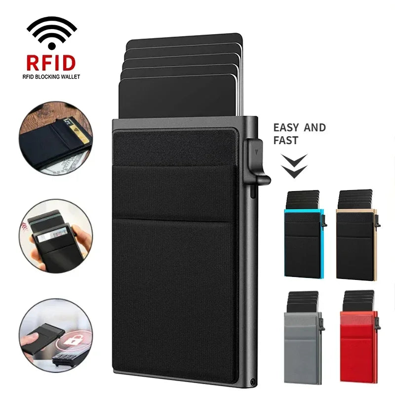 Sleek RFID-Blocking Metal Slim Wallet for Men and Women - Pop-Up Minimalist Credit Card Holder
